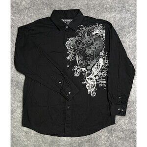 AVIREZ Button Up Shirt Men's Black 100% Cotton Graphic Feature